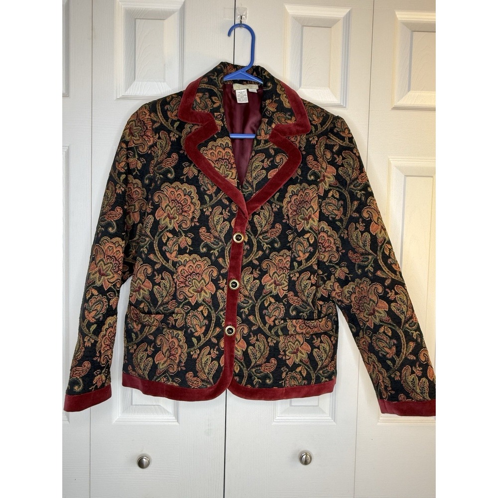 Vintage Tapestry Blazer Jacket Floral Jacquard Velvet Trim Territory Ahead Sz 10